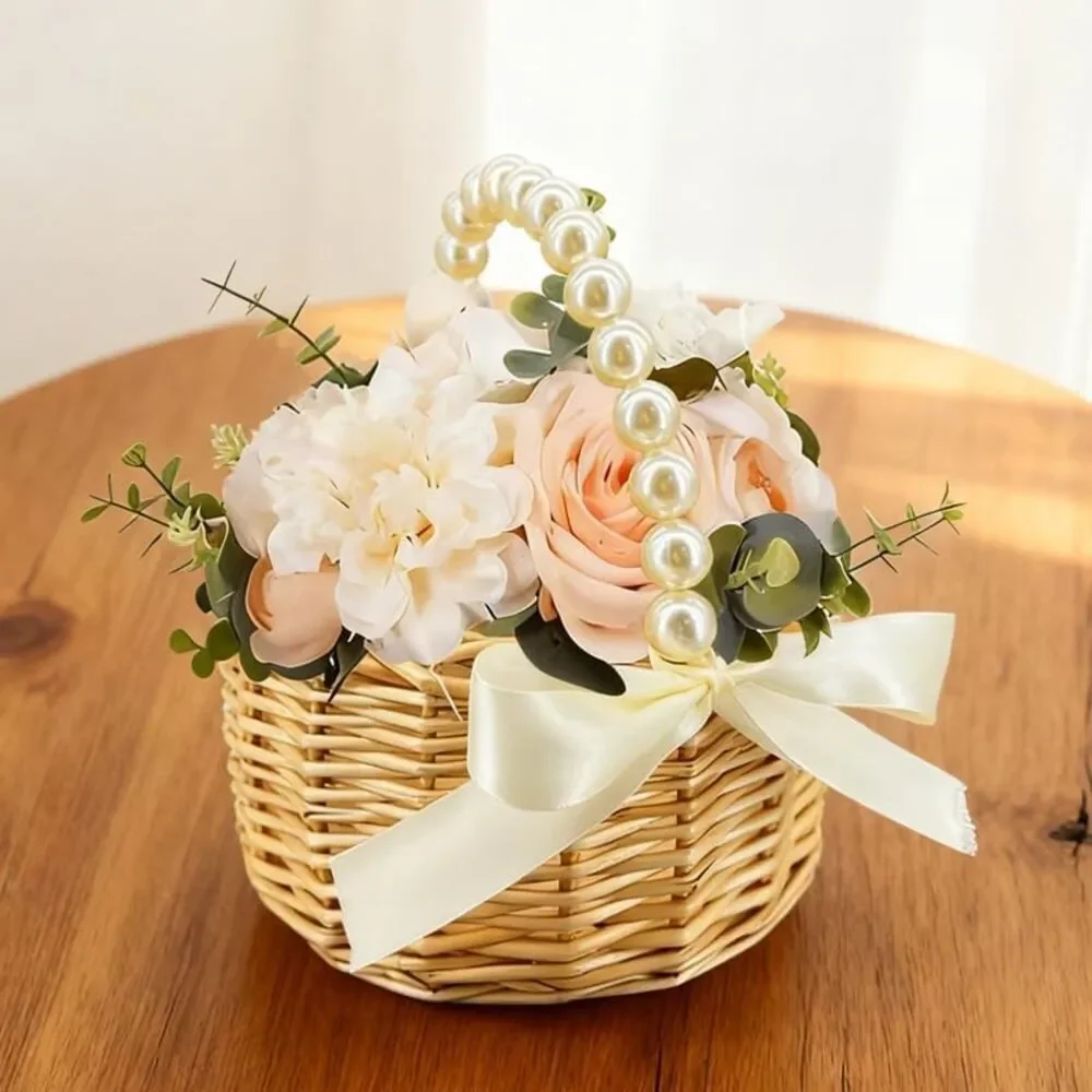 Wicker Rattan Flower Girl Basket With Bows Pearl Handle Flower Basket